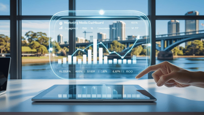 data floating above a desk over looking Kings Park and the Swan River in Perth Western Australia