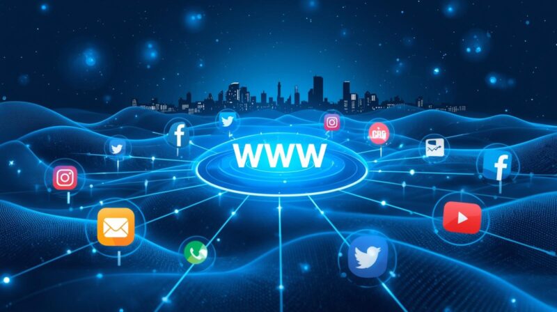 social media icons circling a website